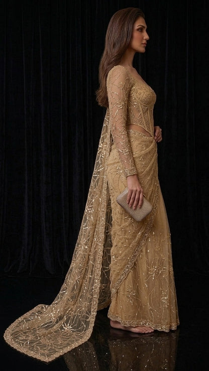 Royal Golden Beauty Heavy Embroidered Net Saree with Blouse Fabric