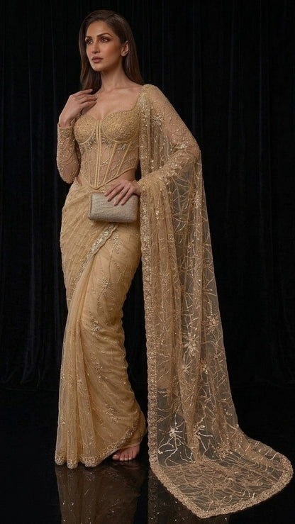 Royal Golden Beauty Heavy Embroidered Net Saree with Blouse Fabric