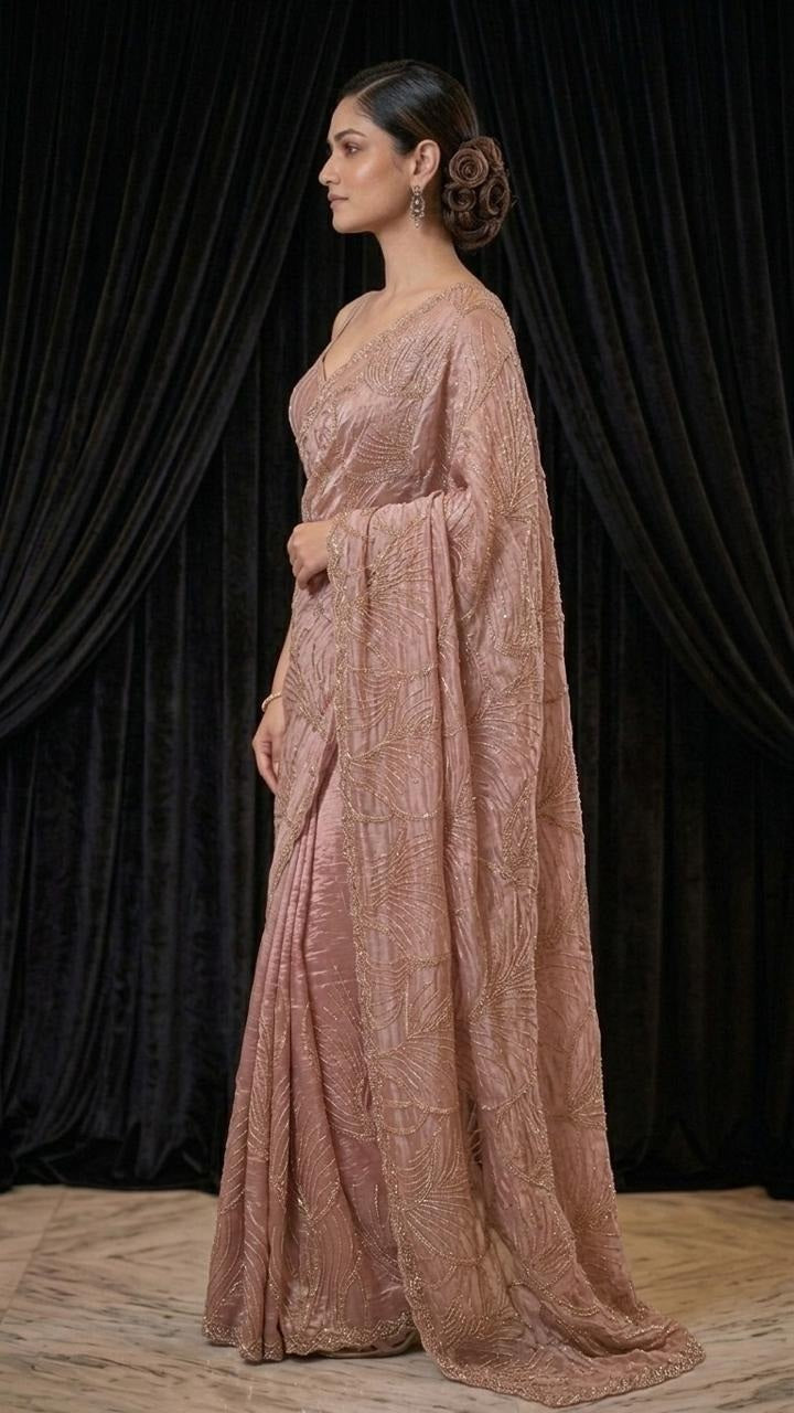 Peach Beauty Heavy Embroidered Saree with Embroidered Blouse Fabric