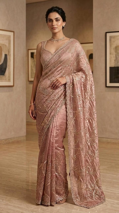 Peach Beauty Heavy Embroidered Saree with Embroidered Blouse Fabric