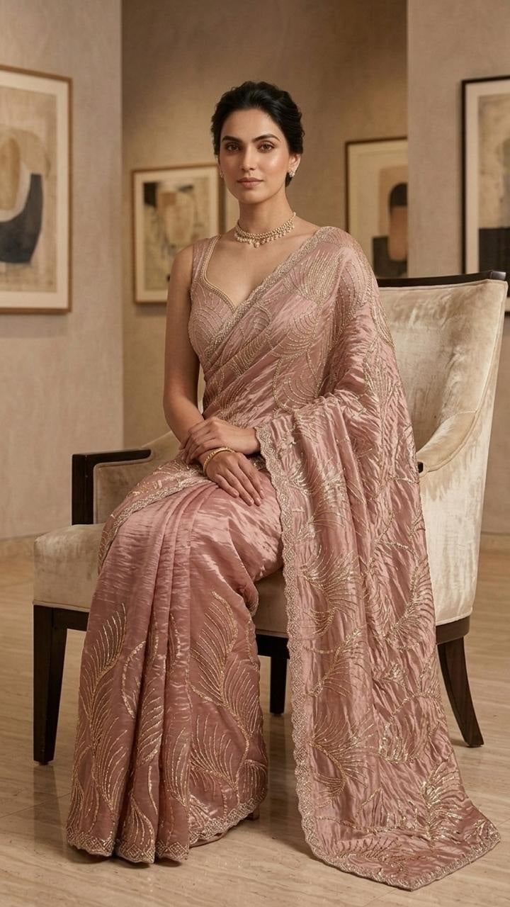 Peach Beauty Heavy Embroidered Saree with Embroidered Blouse Fabric