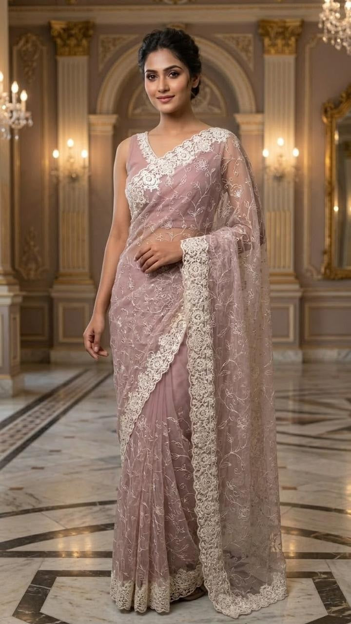 Lavender Luxe Designer Saree with Embroidered Blouse Fabric