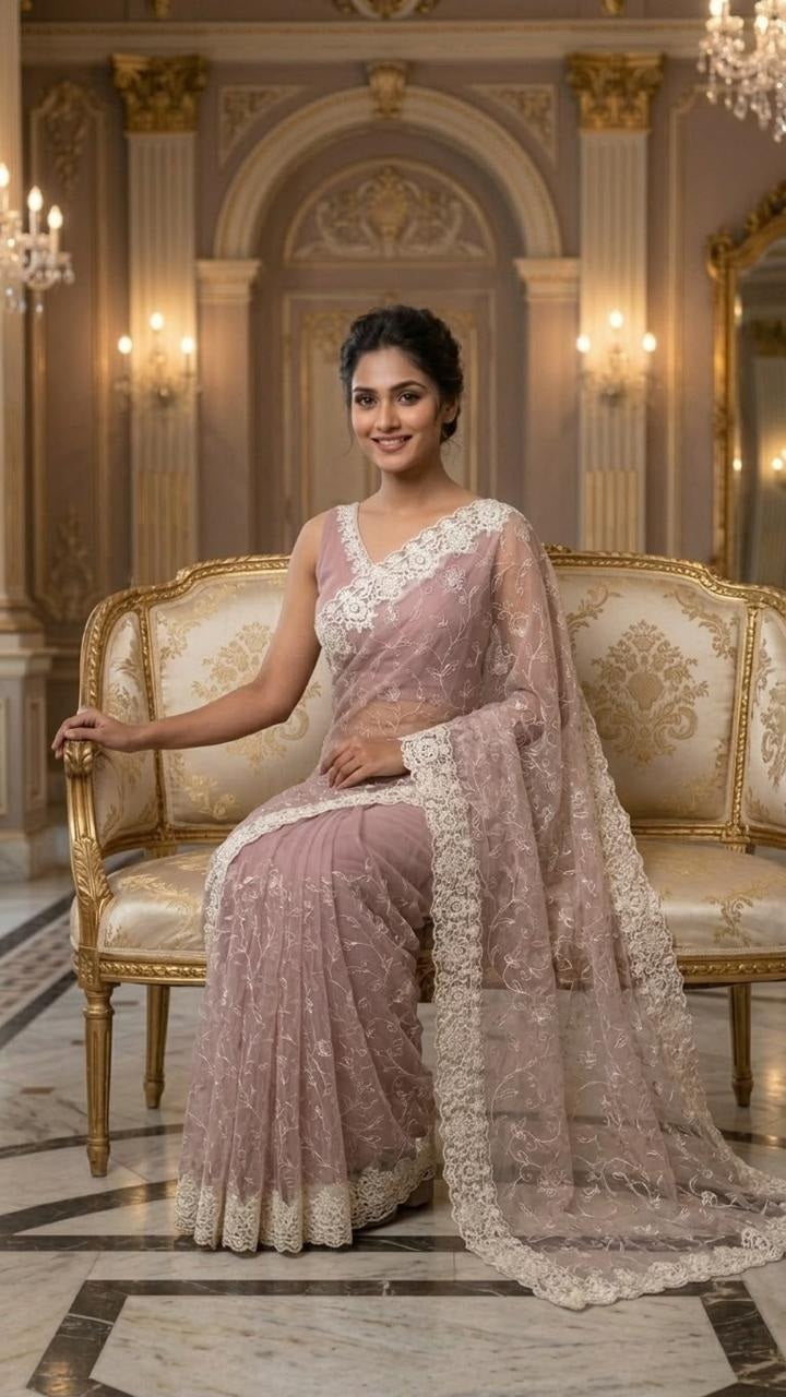 Lavender Luxe Designer Saree with Embroidered Blouse Fabric