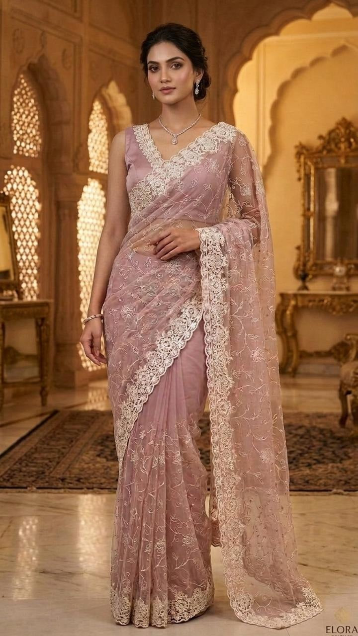 Lavender Luxe Designer Saree with Embroidered Blouse Fabric