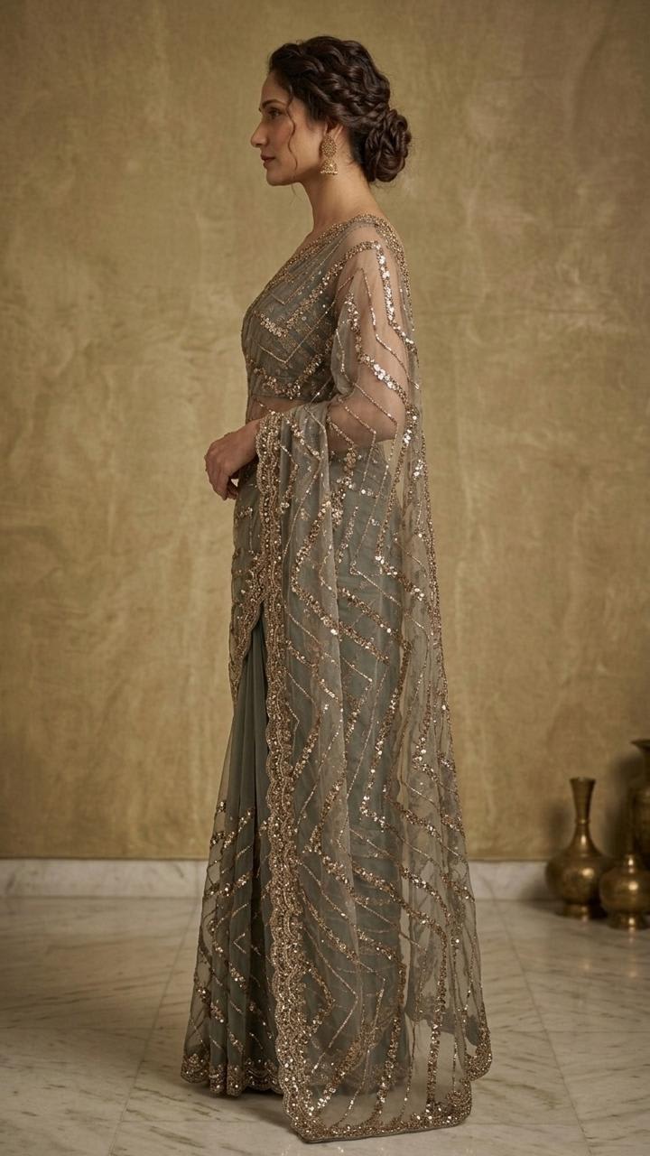 Designer Net Embellished Saree with Blouse Fabric