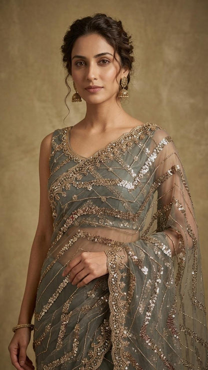 Designer Net Embellished Saree with Blouse Fabric