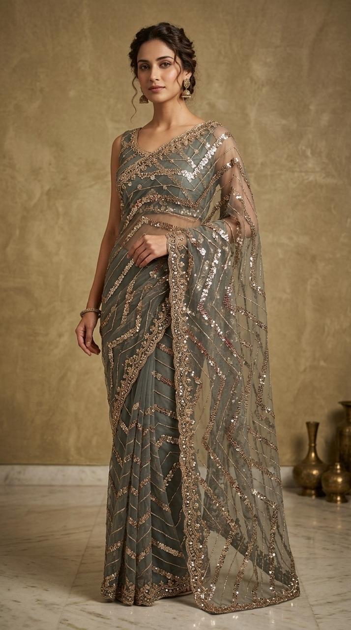 Designer Net Embellished Saree with Blouse Fabric