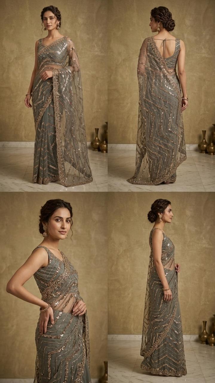 Designer Net Embellished Saree with Blouse Fabric