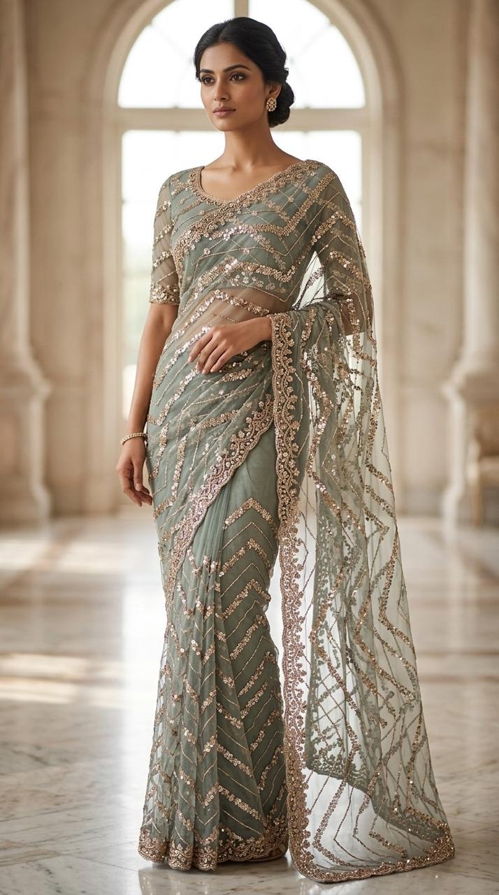 Designer Net Embellished Saree with Blouse Fabric