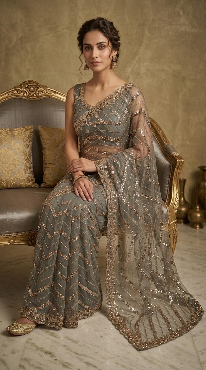 Designer Net Embellished Saree with Blouse Fabric