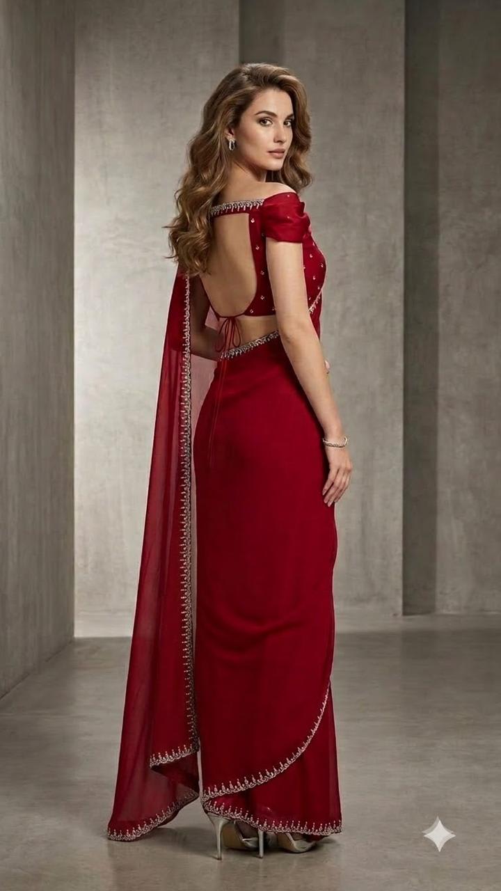 Red Georgette Designer Saree with Embroidered Border & Blouse Fabric