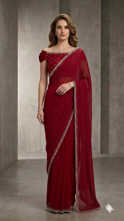 Red Georgette Designer Saree with Embroidered Border & Blouse Fabric