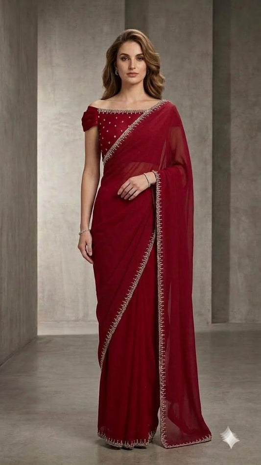 Red Georgette Designer Saree with Embroidered Border & Blouse Fabric