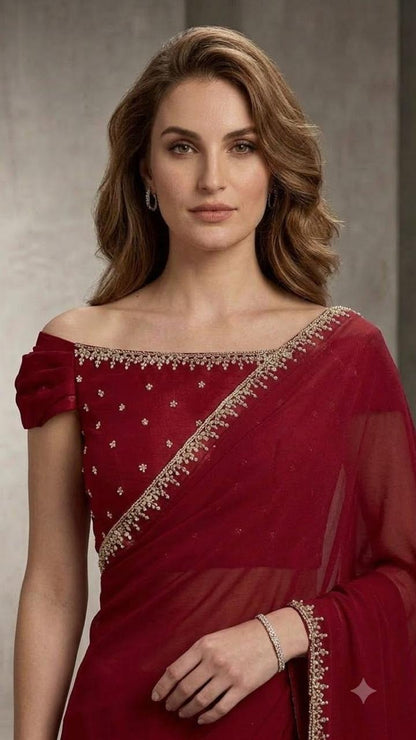 Red Georgette Designer Saree with Embroidered Border & Blouse Fabric