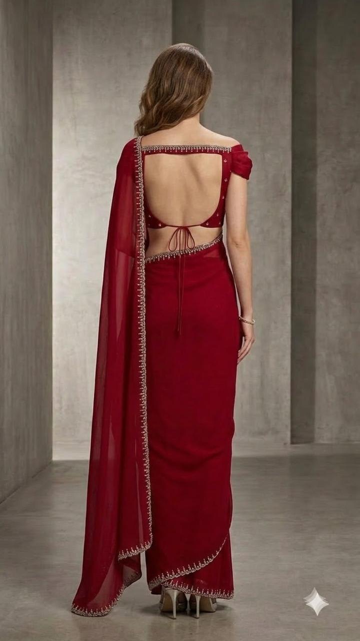 Red Georgette Designer Saree with Embroidered Border & Blouse Fabric