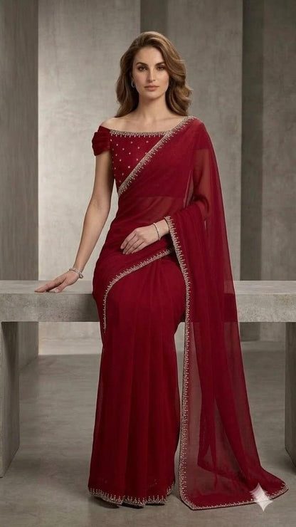 Red Georgette Designer Saree with Embroidered Border & Blouse Fabric