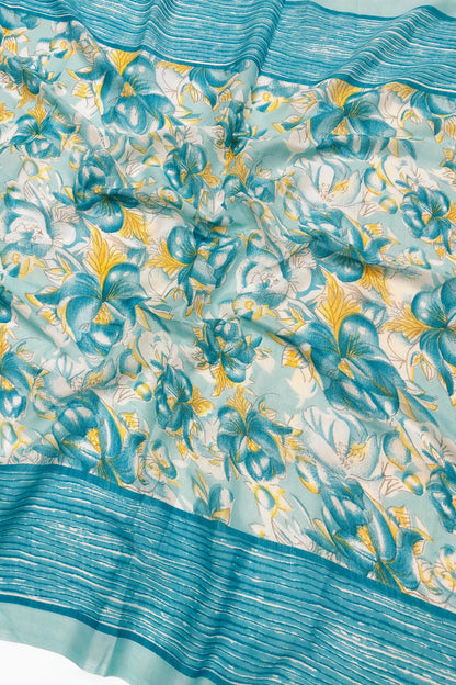 Sea Blue Floral Cotton Unstitched Suit Set & Striped Dupatta