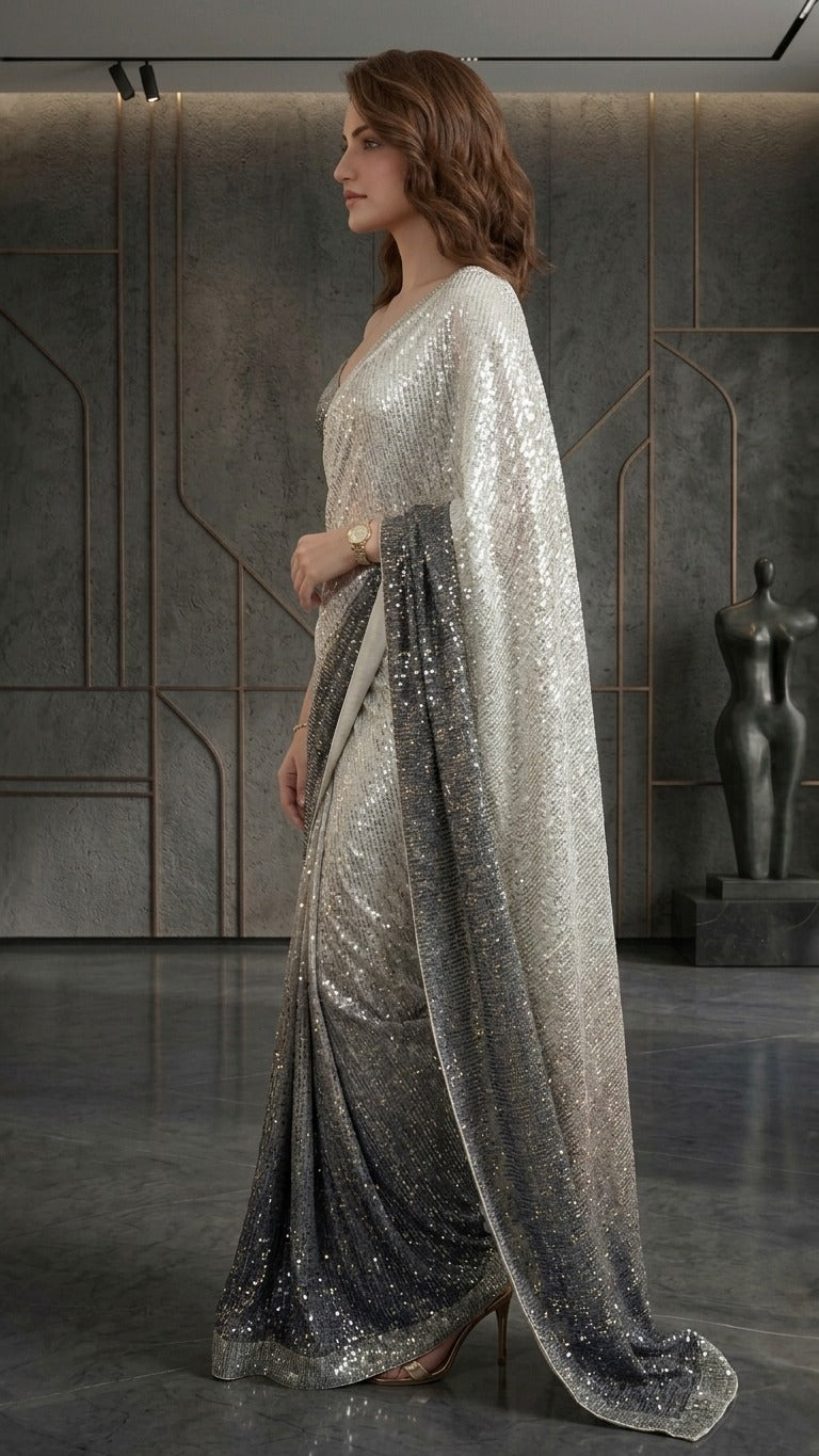 Sparkling Ombre Premium Sequins Saree With Blouse Fabric
