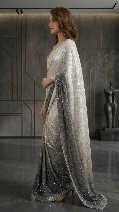 Sparkling Ombre Premium Sequins Saree With Blouse Fabric