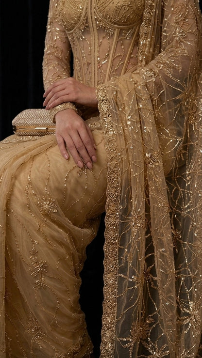 Royal Golden Beauty Heavy Embroidered Net Saree with Blouse Fabric