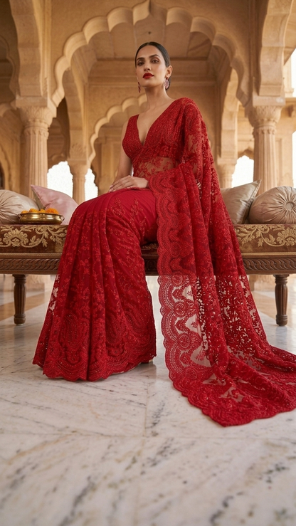 Royal Luxe Red Hand-Embroidered Heavy Work Saree with Blouse Fabric