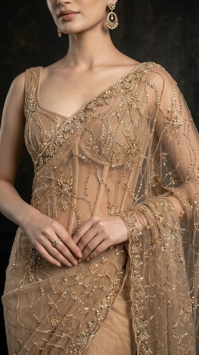 Luxe Heavy-Embroidered Golden Saree with Blouse Fabric