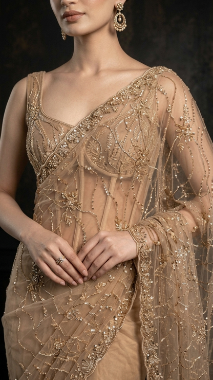 Luxe Heavy-Embroidered Golden Saree with Blouse Fabric