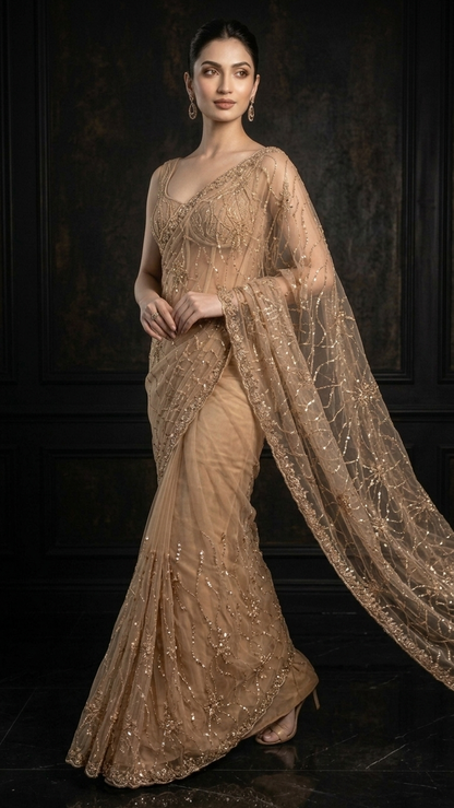 Luxe Heavy-Embroidered Golden Saree with Blouse Fabric