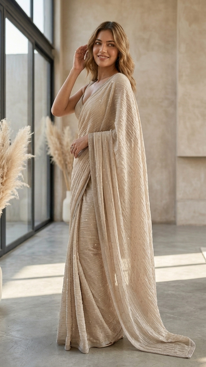 Royal Beige Crinkled Salsa Crystal Lace Saree with Blouse Fabric