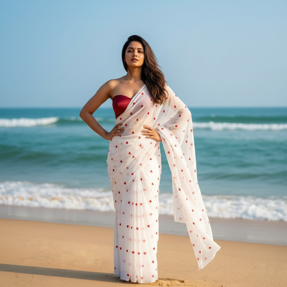 Dreamy Love Heart Embroidered Georgette Saree with Blouse Fabric