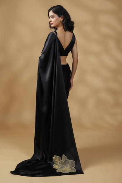 Black Beauty Golden Embroidered Saree with Blouse Fabric