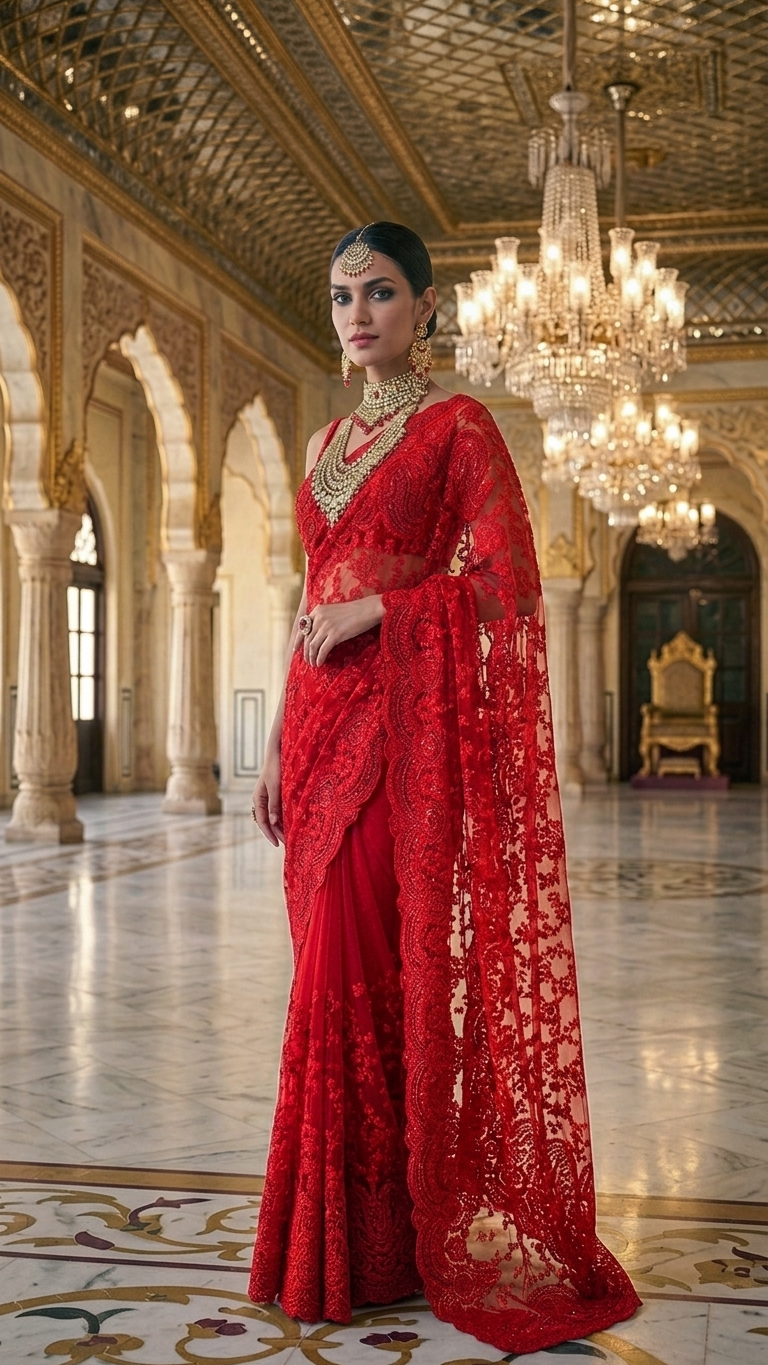 Royal Luxe Red Hand-Embroidered Heavy Work Saree with Blouse Fabric