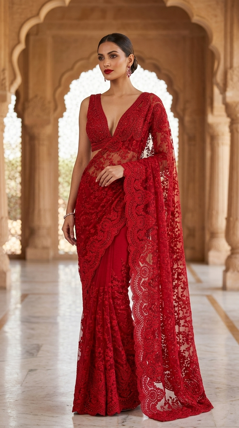 Royal Luxe Red Hand-Embroidered Heavy Work Saree with Blouse Fabric