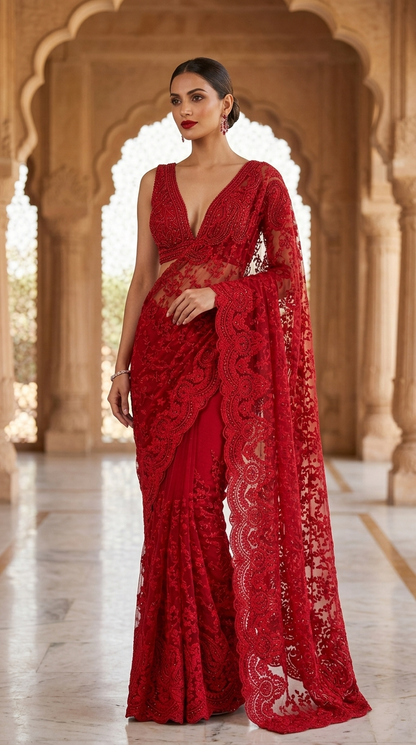 Royal Luxe Red Hand-Embroidered Heavy Work Saree with Blouse Fabric