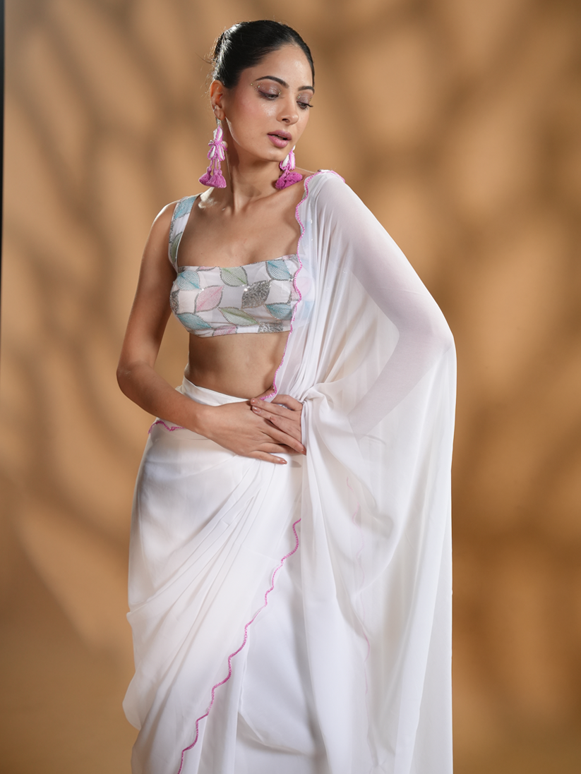 Serene White Ready To Wear Saree With Embroidered Blouse Fabric