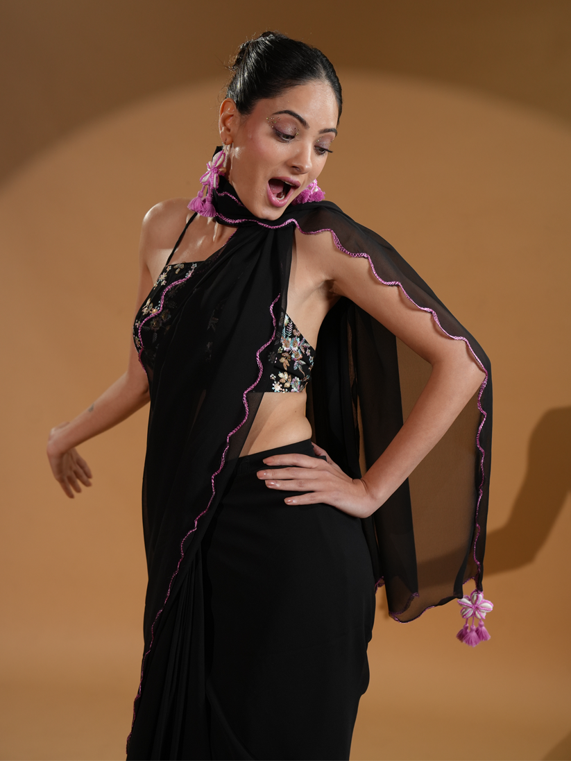 Regal Black Luxe Pre-Draped Saree with Embroidered Blouse Fabric and Tassels