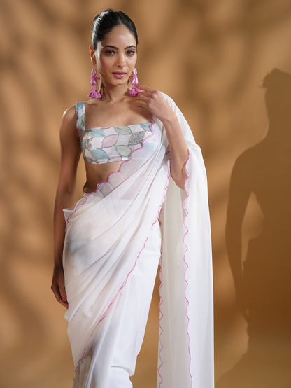 Serene White Ready To Wear Saree With Embroidered Blouse Fabric