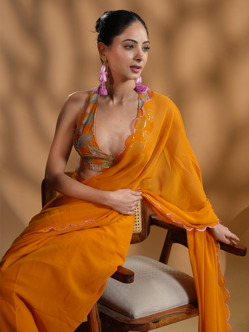 Chic Mustard Ready to Wear Saree with Embroidered Blouse Fabric