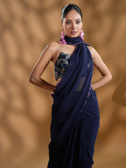 Navy Blue Premium Ready-to-Wear Saree With Embroidered Blouse Fabric