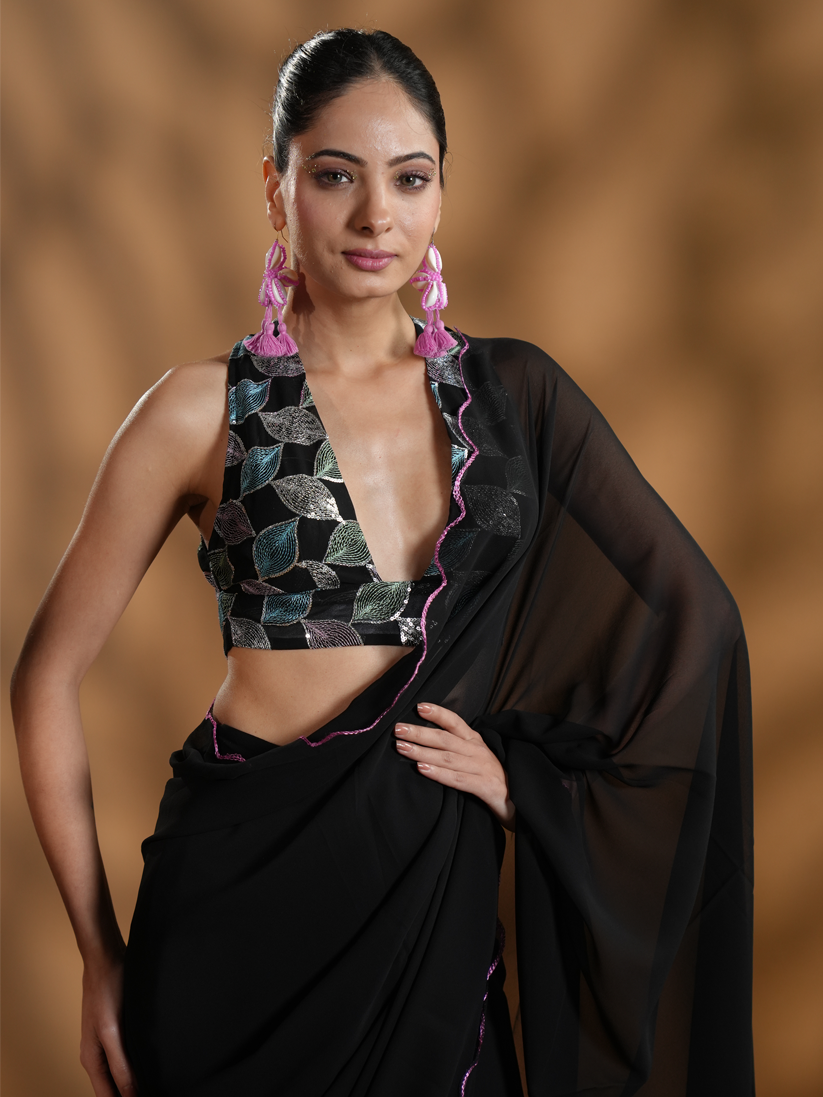 Gorgeous Black Ready to Wear Saree With Embroidered Blouse Fabric