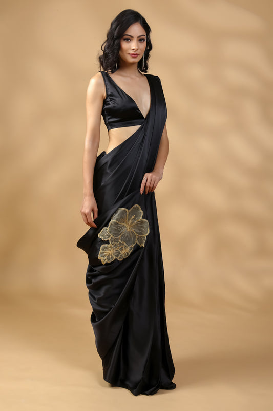 Black Beauty Golden Embroidered Saree with Blouse Fabric
