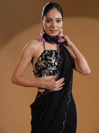 Regal Black Luxe Pre-Draped Saree with Embroidered Blouse Fabric and Tassels