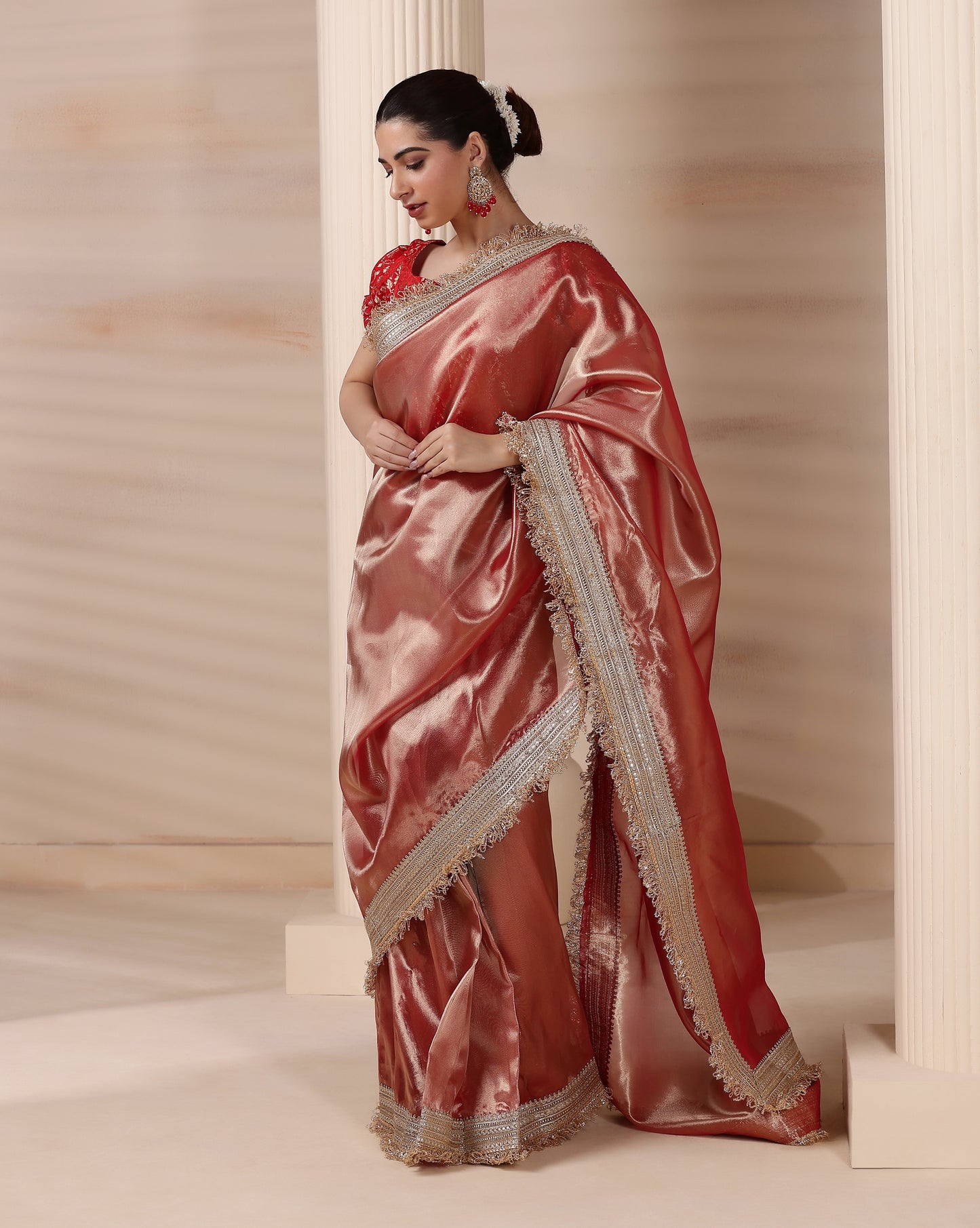 Dreamy Rose Gold Radiance Tissue Saree