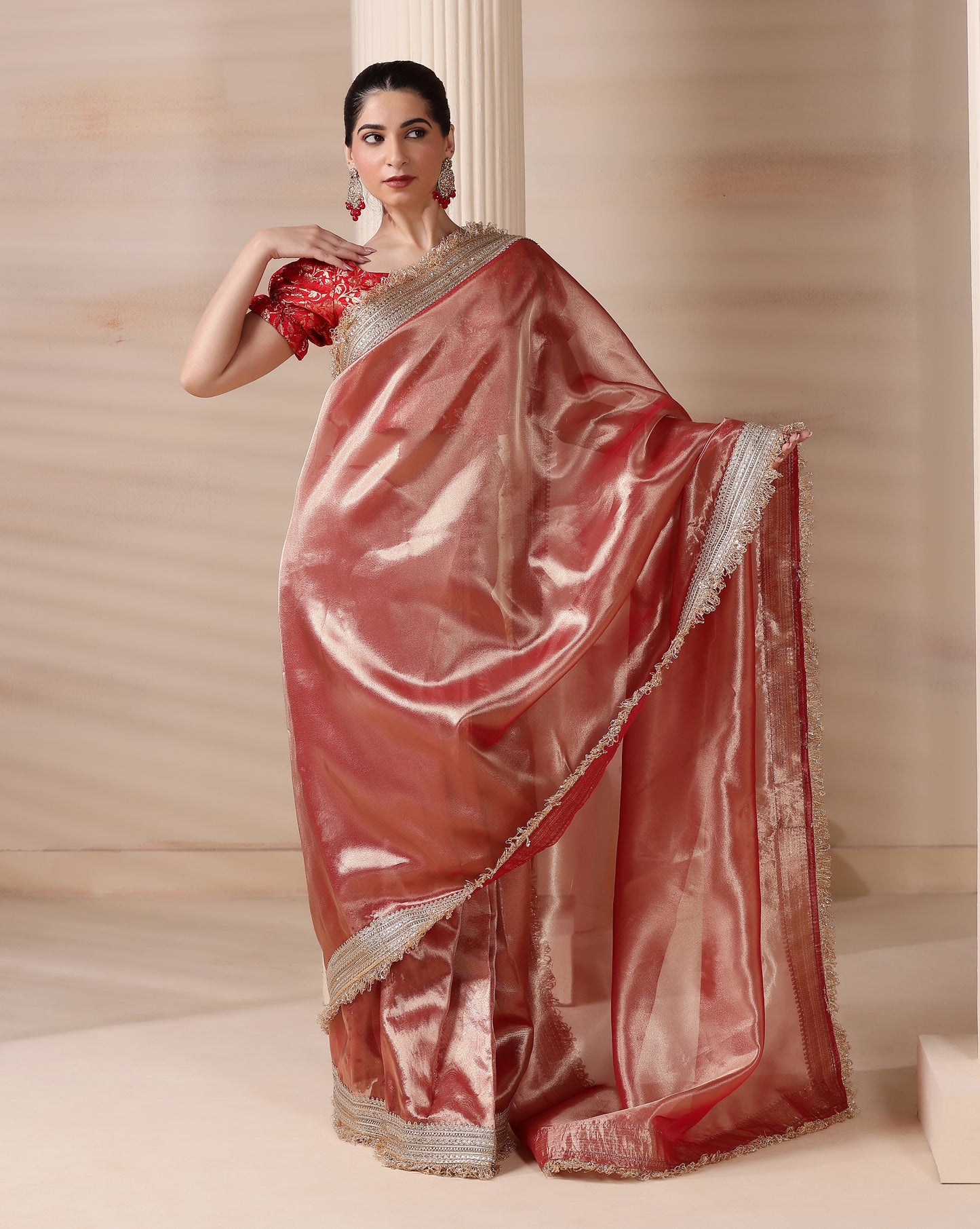 Dreamy Rose Gold Radiance Tissue Saree