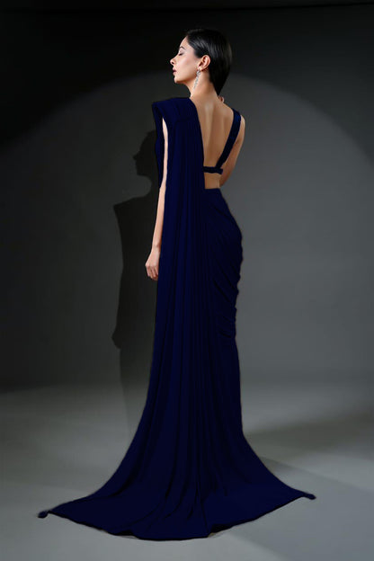Exclusive Designer Navy Blue Ready-to-Wear Saree with Unique Drape in Luxe Fabric