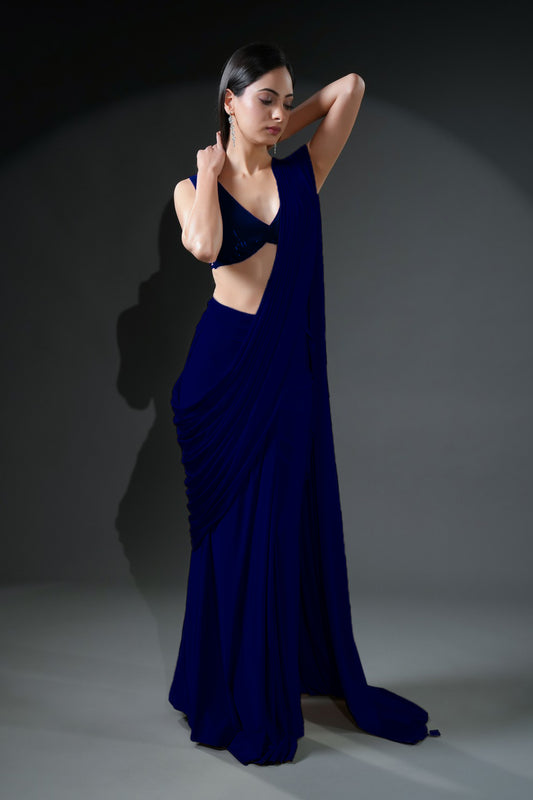 Exclusive Designer Navy Blue Ready-to-Wear Saree with Unique Drape in Luxe Fabric