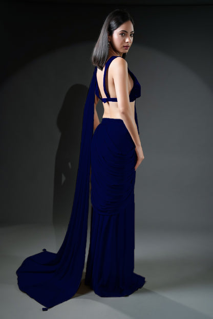 Exclusive Designer Navy Blue Ready-to-Wear Saree with Unique Drape in Luxe Fabric
