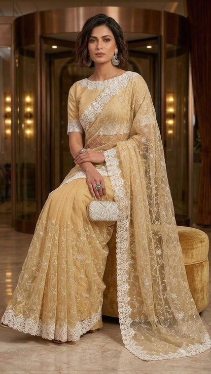 Sunshine Luxe Designer Saree with Embroidered Blouse Fabric