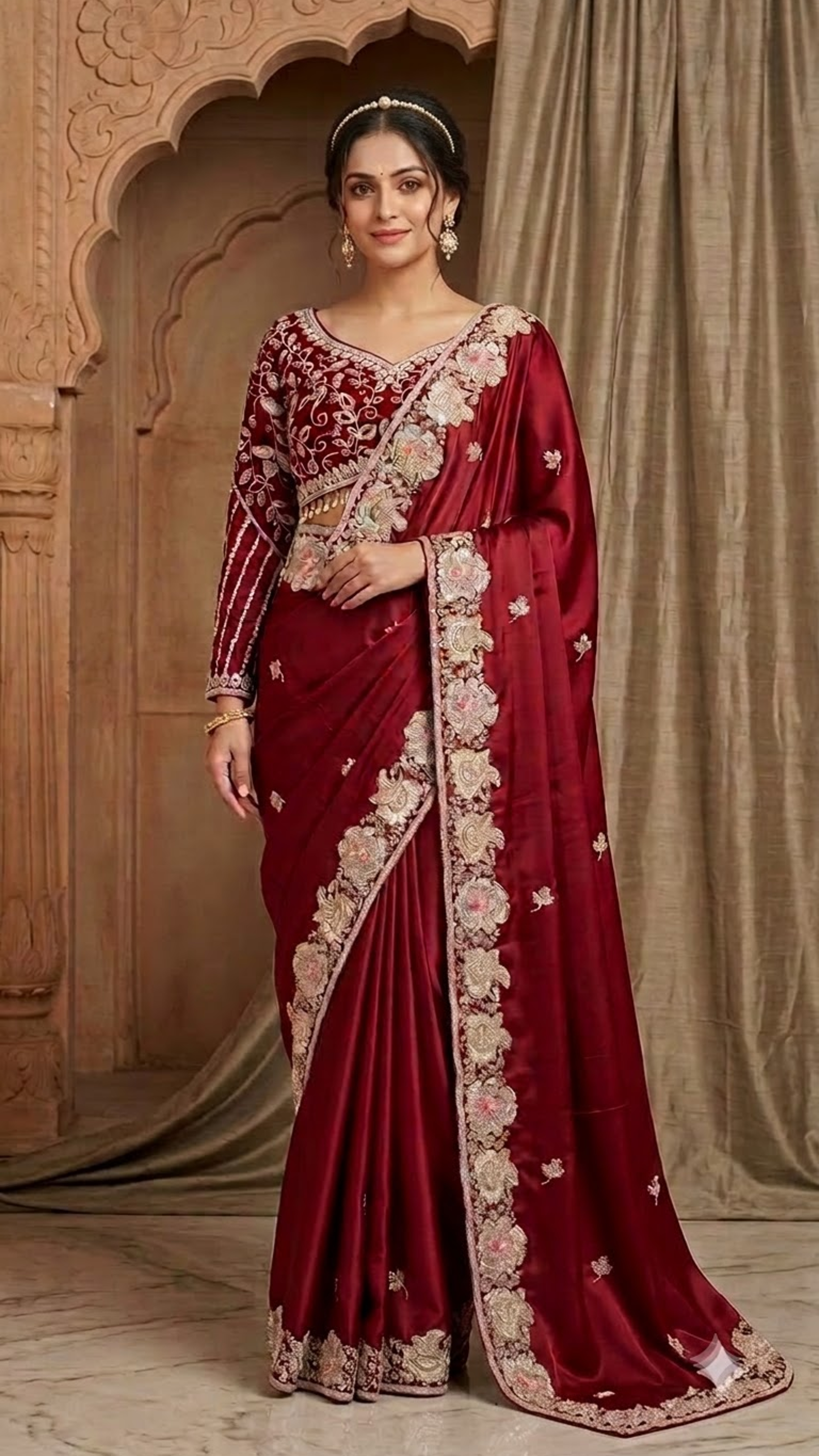 Ruby Royale Heavy Hand-Embroidered Saree with Stitched Blouse
