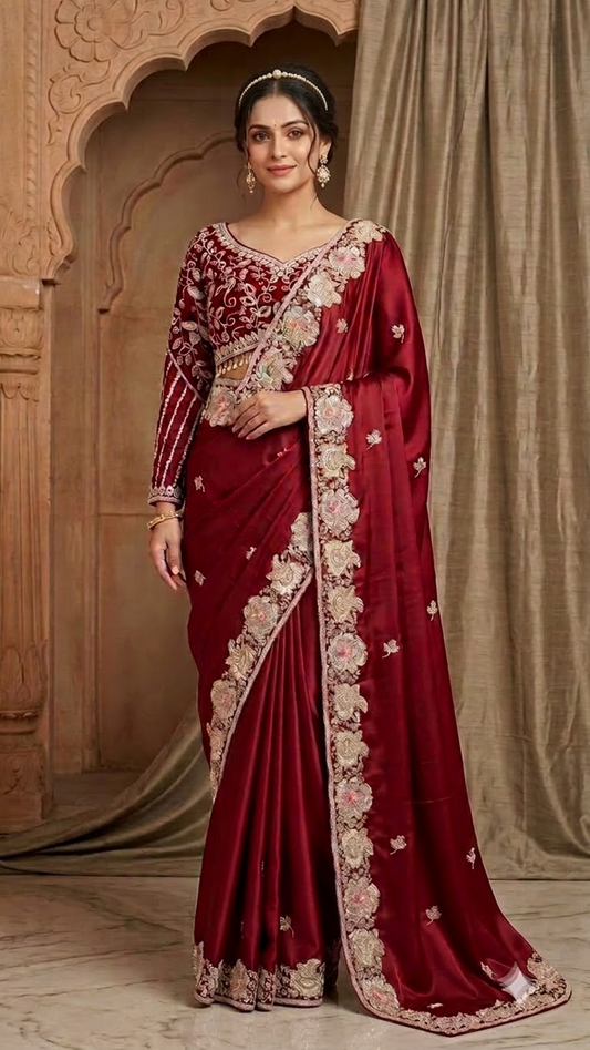 Ruby Royale Heavy Hand-Embroidered Saree with Stitched Blouse